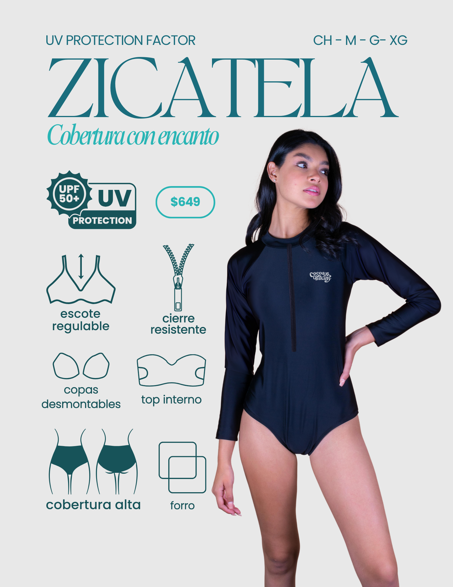 Zicatela traje de baño manga larga con protección solar UPF 50+ negro