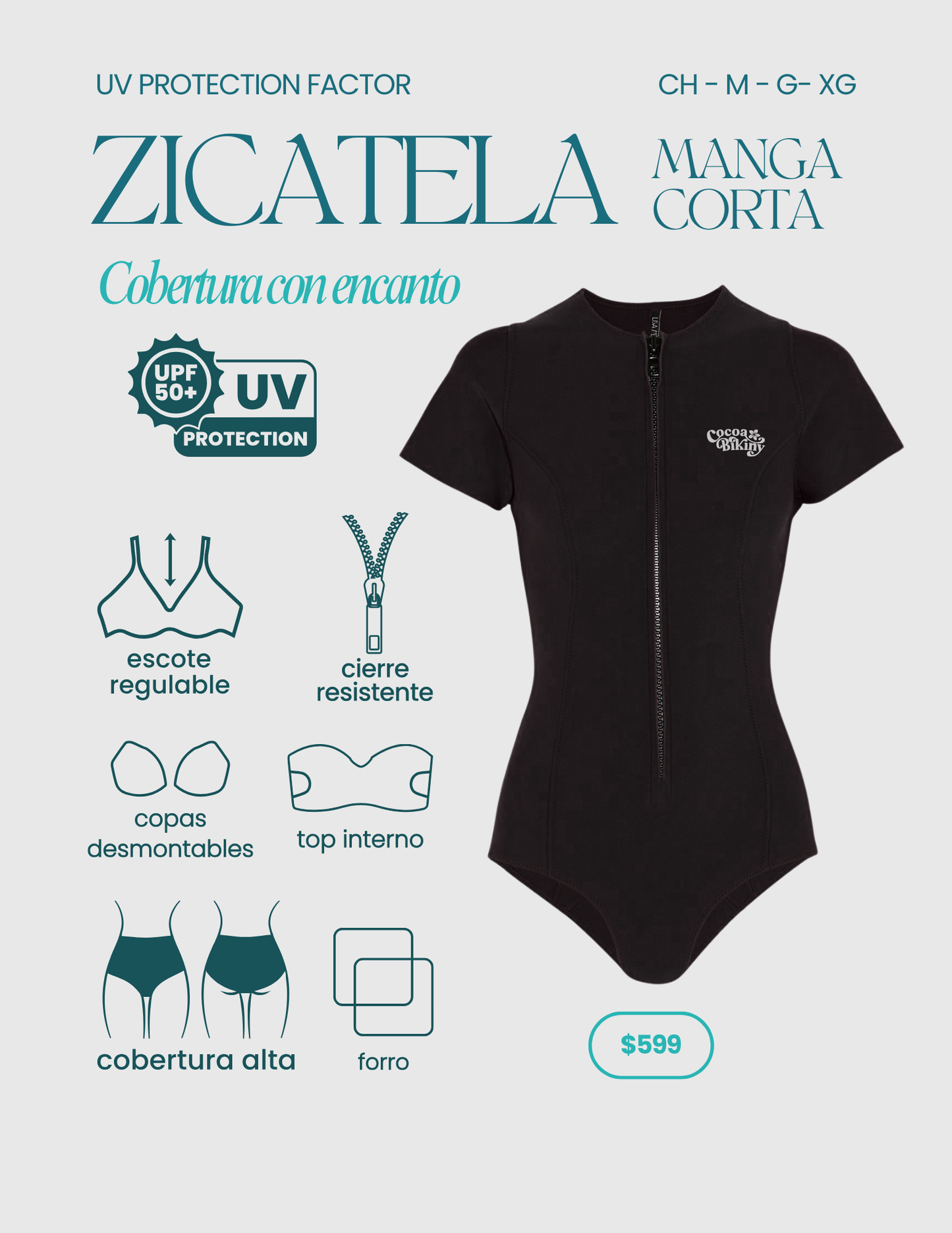 Zicatela traje de baño manga corta con protección solar UPF 50+ negro