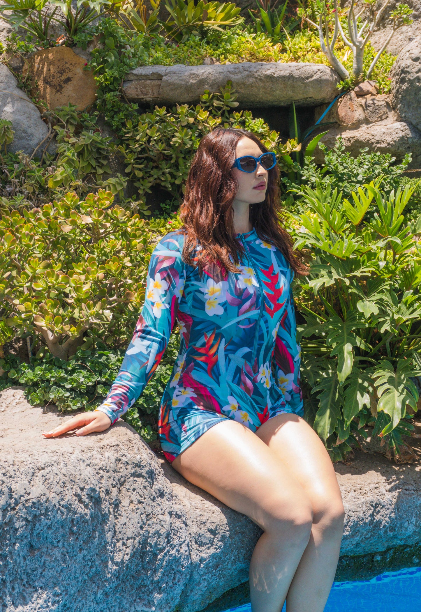 Bali traje de baño manga larga con protección solar UPF 50+ Hojas azules